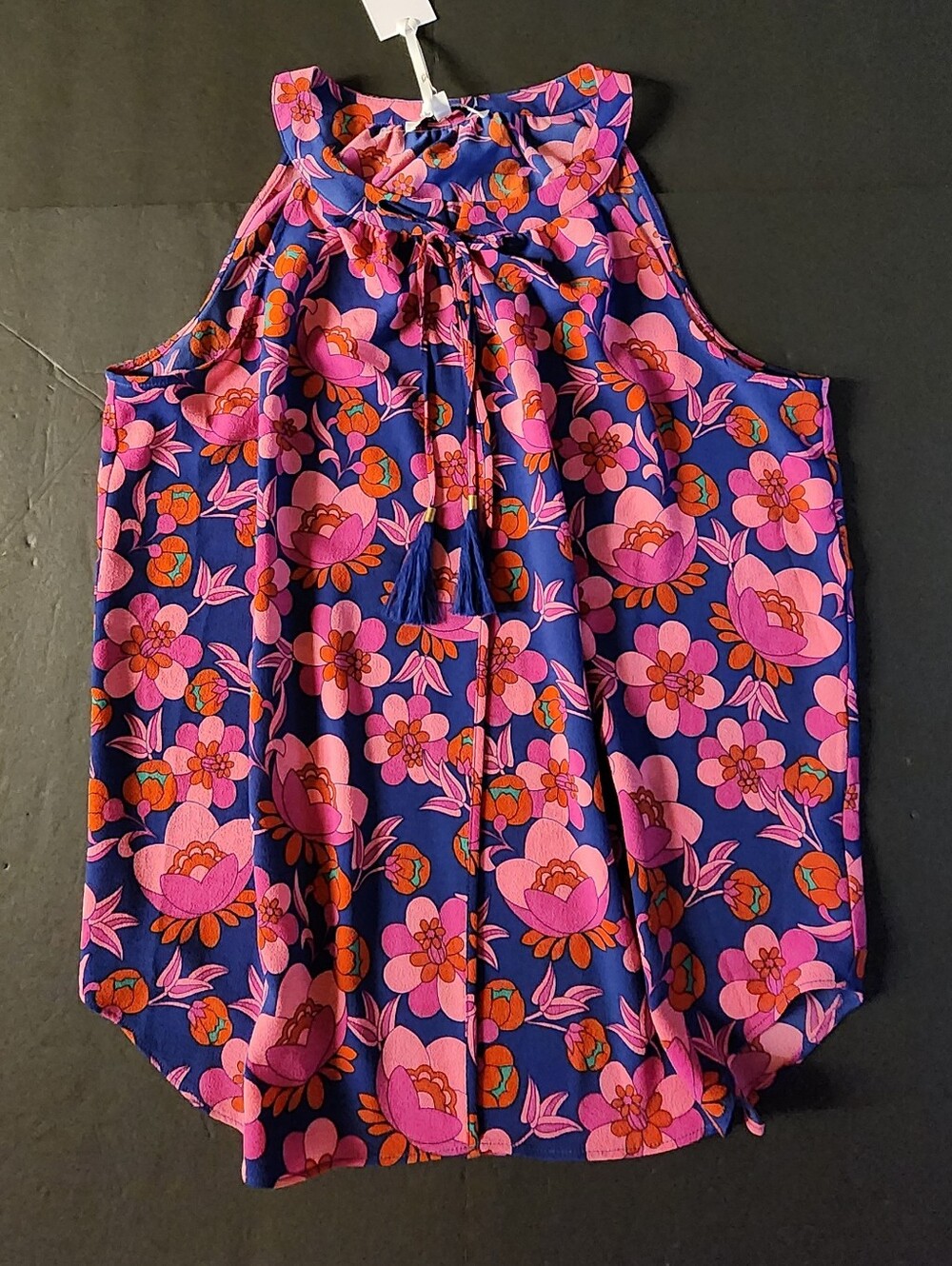New Rose+Olive Women's XL Floral Halter Neck Tassel Tank Blouse